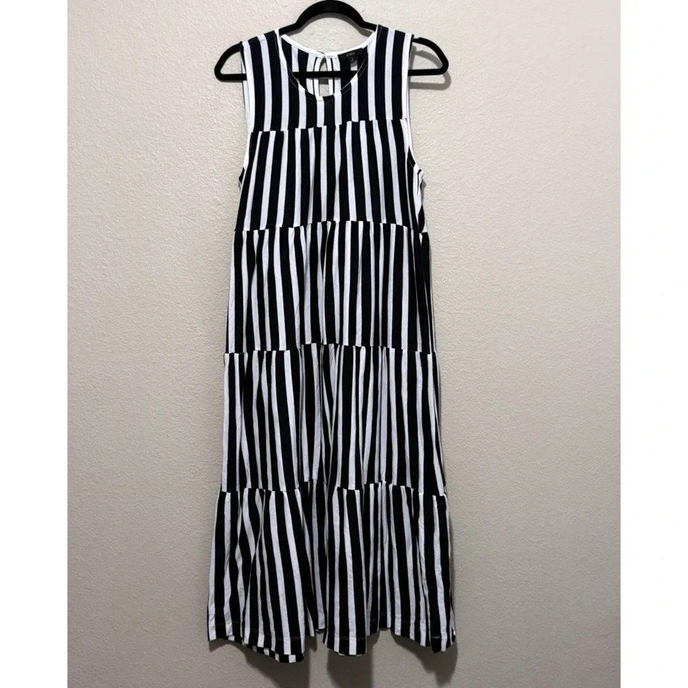 J Crew‎ Tiered tank dress stripe Cotton Navy Blue White Nautical Sleeveless